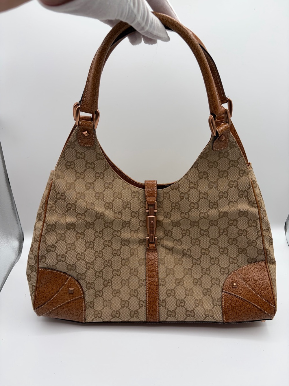 Gucci Jackie GG Canvas Medium Hobo Shoulder Bag Beige Brown Leather Italy